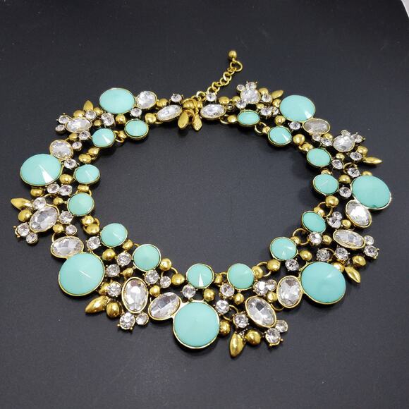 Turquoise Blue Clear Rhinestone Gold Statement Necklace - Picture 8 of 8